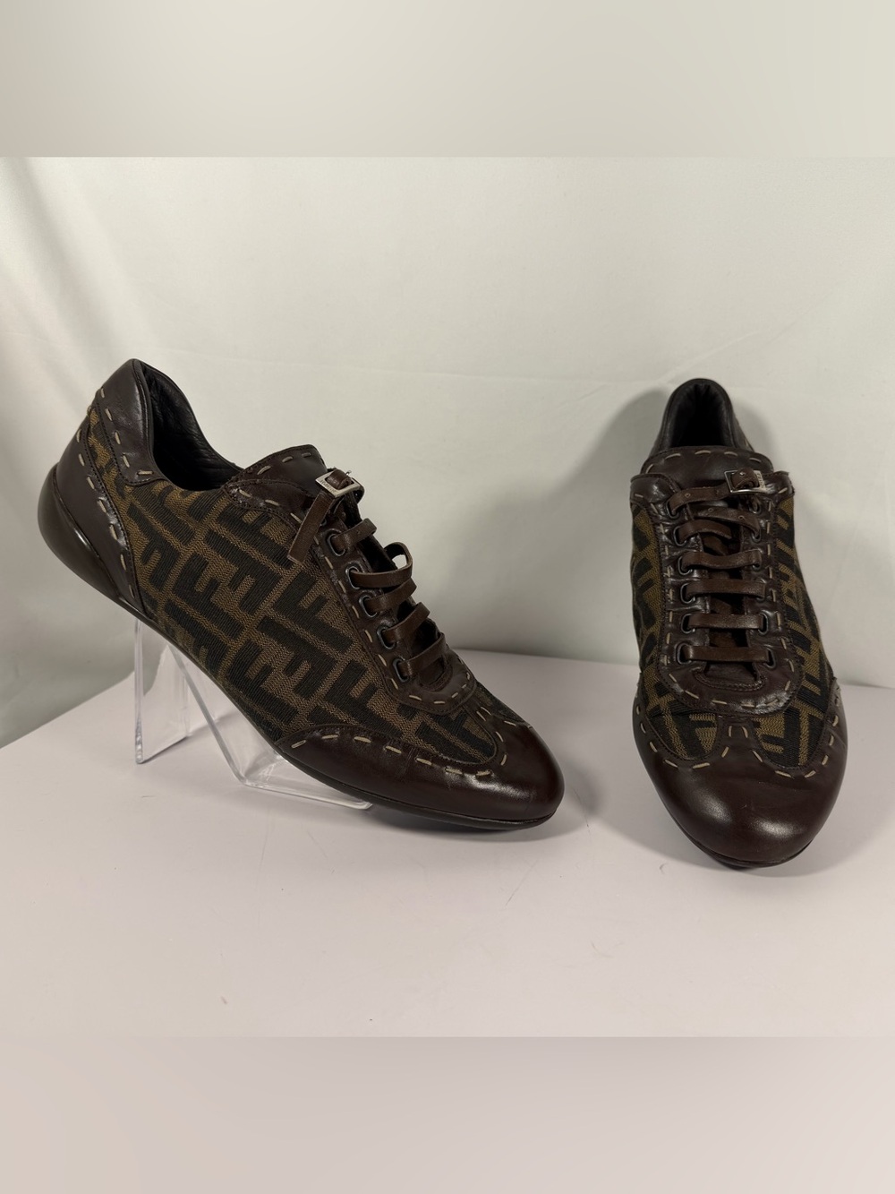 Fendi Men’s Zucca FF Monogram Leather Sneakers Brown Size 9.5